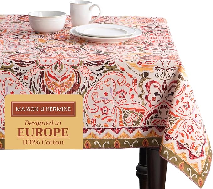 Maison d' Hermine Table Cloth Rectangle Table 100% Cotton 70 x 140 Inches Fall Tablecloth Reusable Everyday Use for Thanksgiving Christmas Decorations Dining Farmhouse Party (Damask)