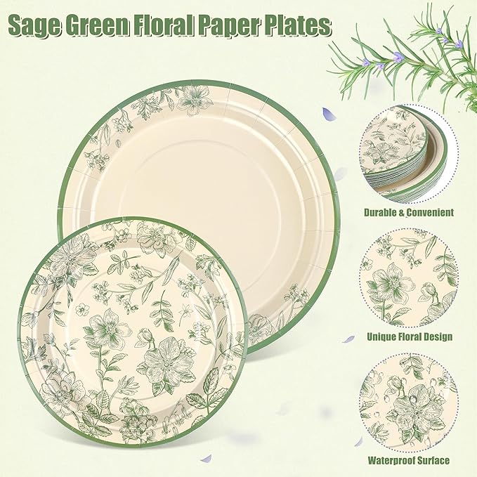 Kochorie 96 Pieces Sage Green Floral Party Supplies Elegant Floral Disposable Tableware Set Includes 9 Inch and 7 Inch Paper Plates, Cups, Napkins Serves 24 Guests for Birthday Baby Shower Wedding