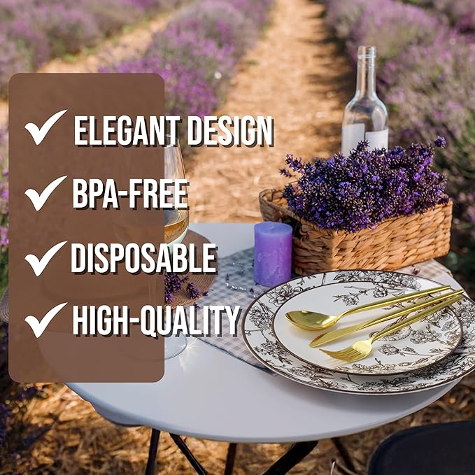 Trendables Fancy Plastic Dinnerware Sets 100 Pc Set 20 Guests Gold Silverware Disposable 20 X 10 Inch Charger Plates 20 X 8 Inch Dessert Plates 20 x Gold Plastic Forks and Spoons Knives In Rustik