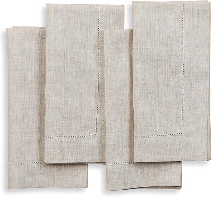 Solino Home Light Natural Linen Napkins Set of 4-100% Pure Linen Hemstitch Dinner Napkins 20 x 20 Inch for Spring, Easter - Classic Hemstitch