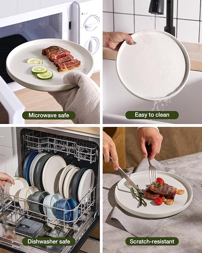 famiware Star Dinnerware Set with Mugs, Service for 6 (24 Pieces), Ribbed Stoneware Plates and Bowls Dishes Sets - Chip & Scratch Resistant, Microwave & Dishwasher Safe, Matte White