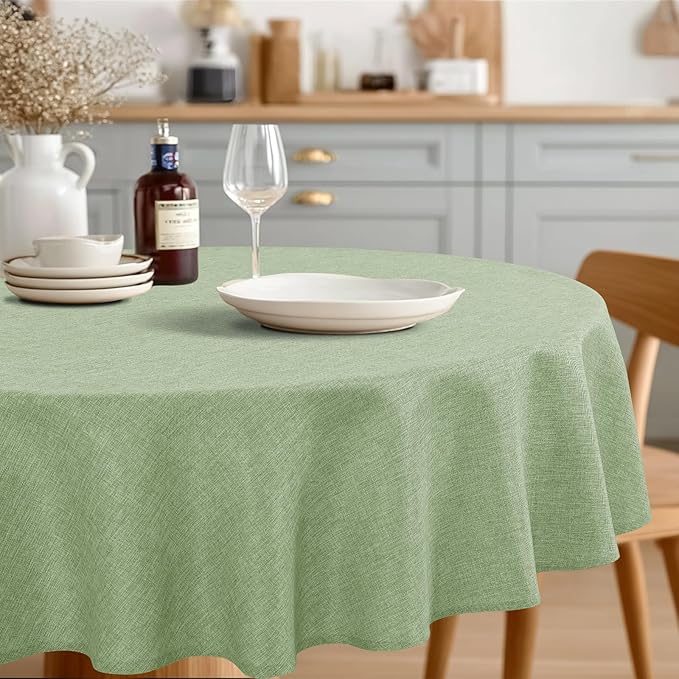 JIUZHEN Round Table Cloth Faux Linen Farmhouse Tablecloth Wrinkle and Stain Resistant Decorative Fabric Table Cover for Kitchen, Dining Room, Parties and Camping, Sage Green, 70 Inch Round