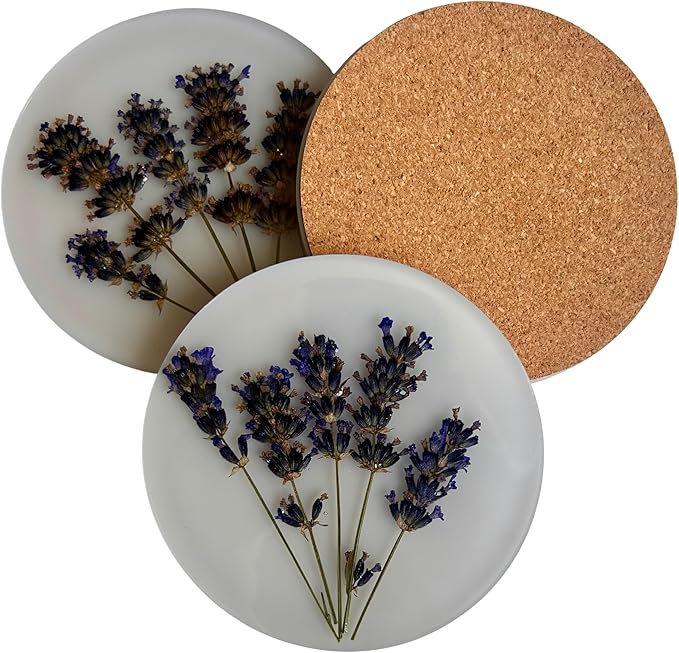 Handcrafted Pressed Lavender Resin Coasters White with Cork Base, Decorative Table Protection (4, Round)