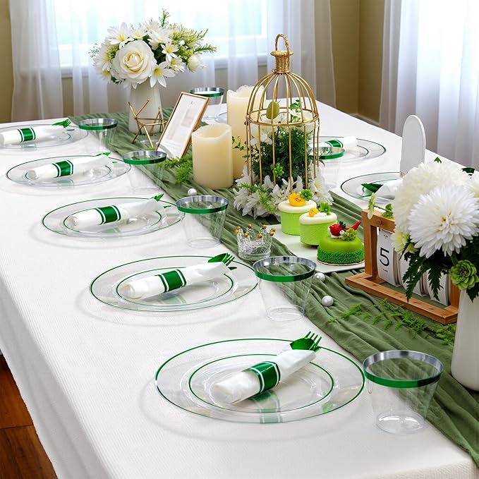 SUT 350 Pcs Green and Clear Plastic Dinnerware Set for 50 Guests, Include: 50 Dinner Plates, 50 Dessert Plates, 50 Pre Rolled Napkins With Silverware, 50 Cups, Disposable Plates for Party