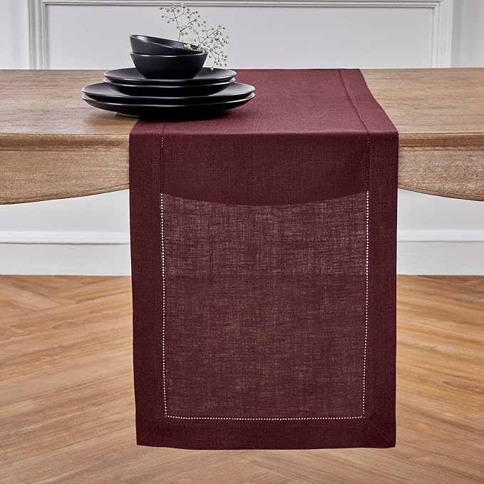 Solino Home Linen Burgundy Table Runner 132 Inches Long - 100% Pure Linen Extra Long Table Runner 14 x 132 Inch for Valentines, Winter - Classic Hemstitch
