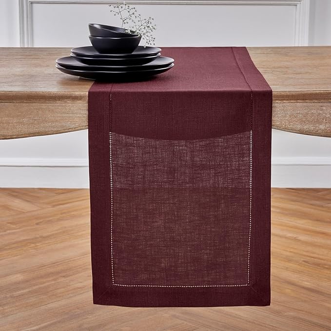 Solino Home Linen Table Runner 48 Inches - 100% Pure Linen Burgundy Hemstitch Table Runner 14 x 48 Inch Ideal for Dresser and Coffee Tables - Winter, Valentines - Classic Hemstitch