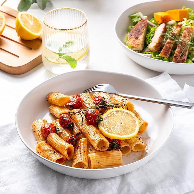 AmorArc 9.75'' Large Ceramic Pasta Bowls, 38oz Stoneware Wide Serving Bowls Set of 6 for Kitchen, Oven, Microwave&Dishwasher Safe Bowls with Wavy Rim for Fruit Pasta Salad Meal, Matte White