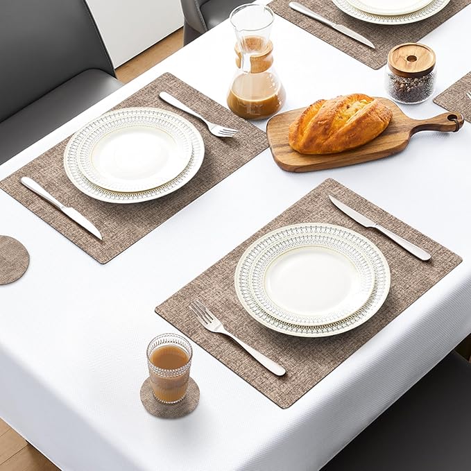 MOSAYT Placemats Set of 4, Heat Resistant Vinyl Place Mats with Coasters, 100% Waterproof Wipeable Washable Faux Leather Table Mats for Kitchen Dining Party Indoor Outdoor, 12" x 17", Khaki