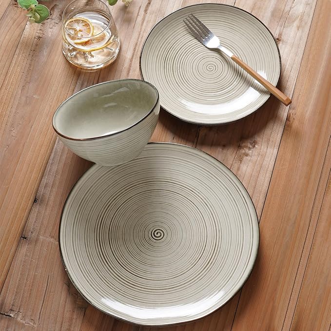 famiware Tempus Plates and Bowls Sets for 6, 18 Pieces Stoneware Dinnerware Sets, Dishes Set, Reactive Glaze Dishware Sets, Dishwasher & Microwave Safe - Castle Wall