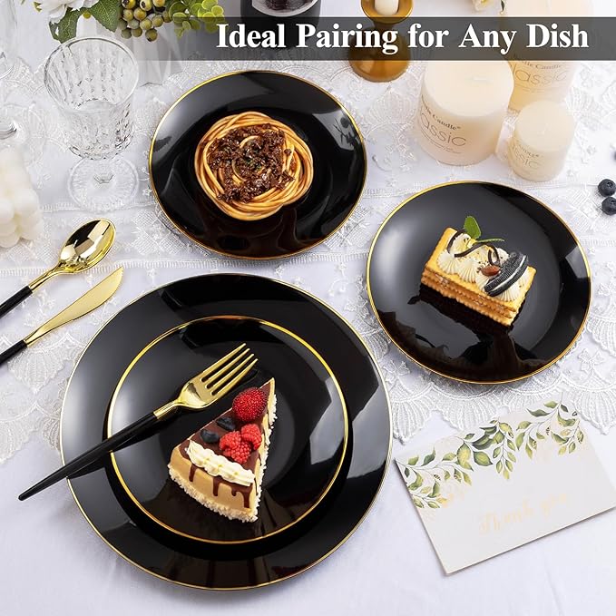 100 PCS Black Gold Plastic Plates, 10 inch Black Disposable Plates for Party, Plastic Dinner Plates for Party, Graduation, Birthday, Wedding