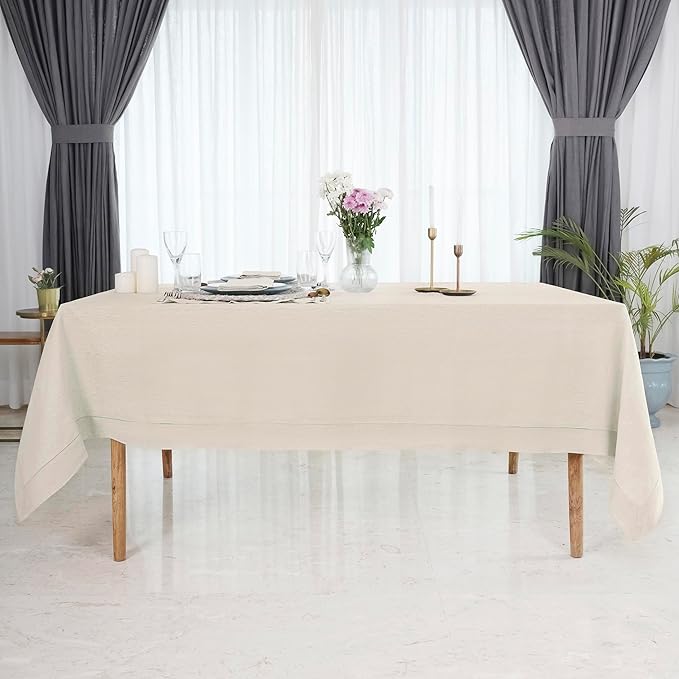 D'Moksha Homes Light Natural Linen Tablecloth for Rectangle Tables 60 x 132 Inch - 100% Pure Linen Natural Table Cloth - Classic Hemstitch, Machine Washable Dining Tablecloth for Valentines, Easter