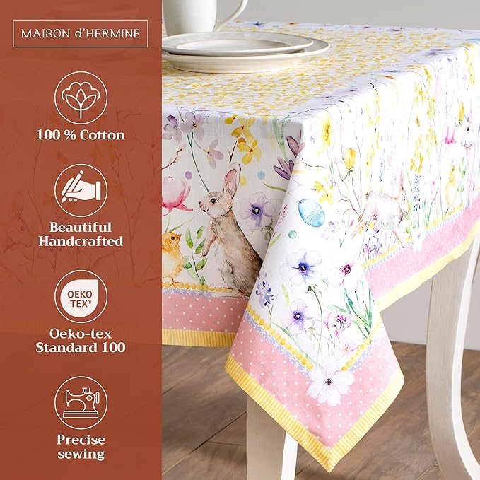 Maison d' Hermine Table Cloth Rectangle Table 100% Cotton 60 x 120 Inches Tablecloth Reusable Decorative for Dining Room Farmhouse Home Valentines Day Decorations Spring Summer - Easter Zest