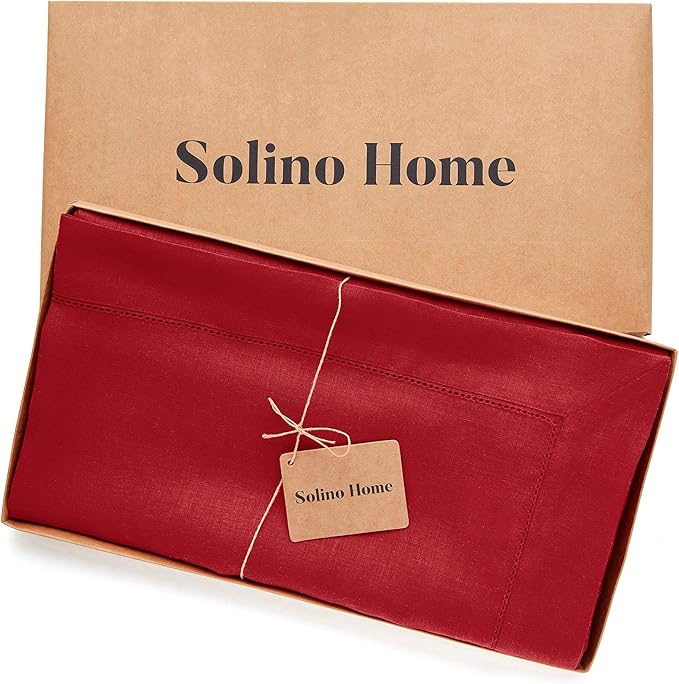Solino Home Red Linen Tablecloth 60 x 132 Inch - 100% Pure Linen Hemstitch Table Cloth for Rectangle Tables - Classic Hemstitch, Machine Washable Tablecloth for Valentines, Winter