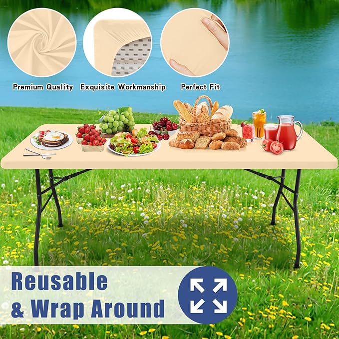 Spandex 8 Foot Rectangle Table Cloth 2 Pack, Elastic Fitted Tablecloths for Picnic, Stretch Washable Patio Table Cover for Outdoor, Camping, Banquet and Parties(Ivory, 30"x96")