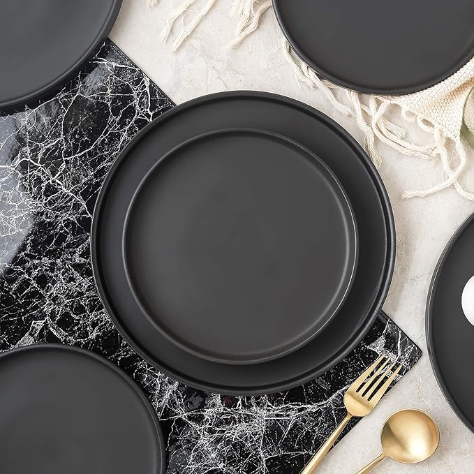 Stone Lain Stoneware Round Salad Plates Set, Black Matte, 1.05 pounds
