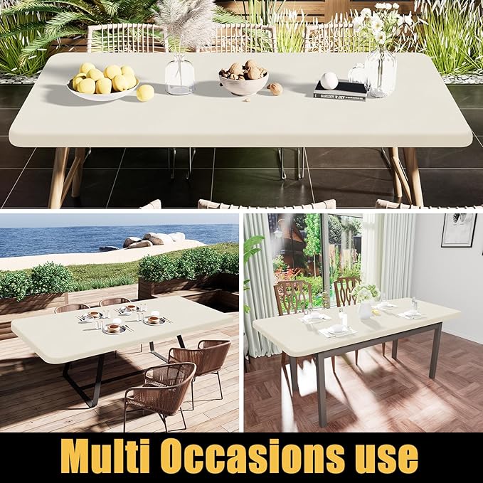 Smiry Rectangle Tablecloth, Elastic Fitted Flannel Backed Vinyl Tablecloths for 4ft Folding Tables, Waterproof Wipeable Table Covers for Indoor, Outdoor, Picnic and Camping (Beige, 30"x48")
