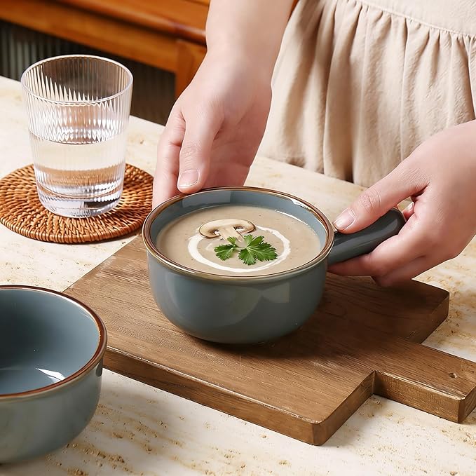 MONITO 16 Oz French Onion Soup Bowls, Ceramic Soup Bowls with Handles, Stackable Soup Crocks Oven Safe for Chili, Beef Stew, Cereal,Casseroles Microwave & Dishwasher Safe, Set of 4, Dusty Blue