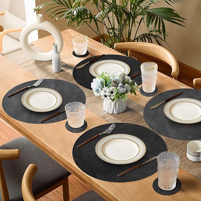 Round Placemats and Coasters Set of 8, Washable Reversible Faux Leather Placemats Cowhide Pattern Place Mats Wipeable Non-Slip 15 inch Round Kitchen Dining Table Mats (Gray Black, 8)