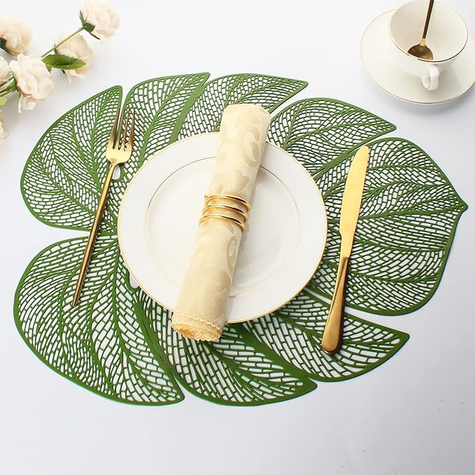 Evevda Green Leaf Shaped Vinyl Placemats for Dinner Table Set of 8 Plastic Green Place Mats Wipeable 8Pcs Table Mats for Wedding Annersary Dinner Table Decoration Mats
