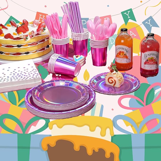 Iridescent Pink Party Supplies, Holographic Paper Plates and Napkins Set, Rainbow Disposable Paper Plates Cups Knives Spoons Fork Straw for Birthday Wedding Party Serve 25 (Pink)