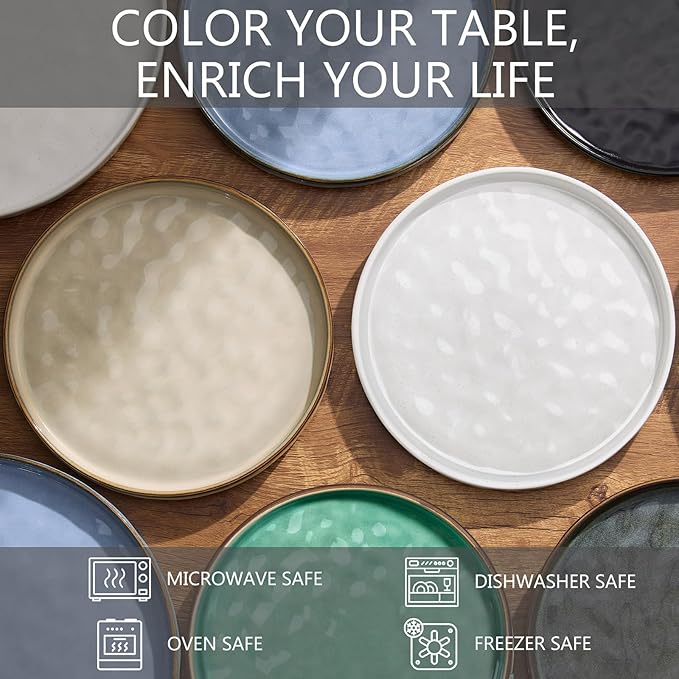 LIANYU Ceramic Dinner Plates Set for 4, 10.2In Porcelain Kitchen Salad Dessert Serving Dishes Set, Modern Round Stoneware Dinnerware Appetizer Plates, Scratch Resistant & Microwavable, Serenity Blue