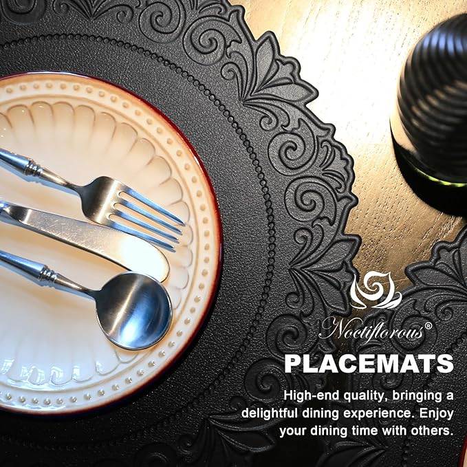 Noctiflorous Round Faux Leather 15 Inch Placemats Set of 4 Waterproof Wipeable Heat Resistant Tablemat for Dining Table Kitchen Non Slip Washable Oilproof Table Place Mat for Indoor Outdoor(Black, 4)