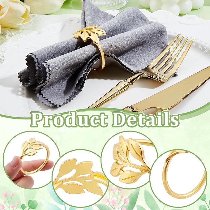Peacoblue 60Pcs Gold Leaf Rings Holders Modern Stainless Steel Napkin Ring Holders for Table Decor Settings, Vintage Napkin Ring for Wedding Christmas Thanksgiving Day Party