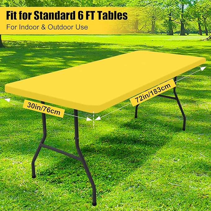 Smiry Rectangle Picnic Table Cloth, Waterproof Elastic Fitted Tablecloths for 6 Foot Tables, Washable Polyester Table Cover for Camping, Indoor and Outdoor (Yellow, 30"x72")