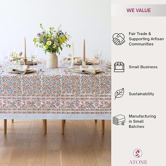 ATOSII Kalina 100% Cotton Rectangle Tablecloth, Handblock Floral Linen Table Cloth for Kitchen Dining Table I Parties Wedding Outdoors I Home Decor 60 X 90 Inches