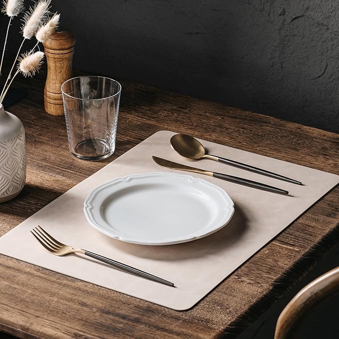 DOLOPL Placemats Set of 8 Reversible Dual-Color Table Placemats –Heat Resistant Wipeable & Washable Place Mats, Luxury Faux Leather Table Mats for Vintage Dining Table Decor (Beige&Light Grey)
