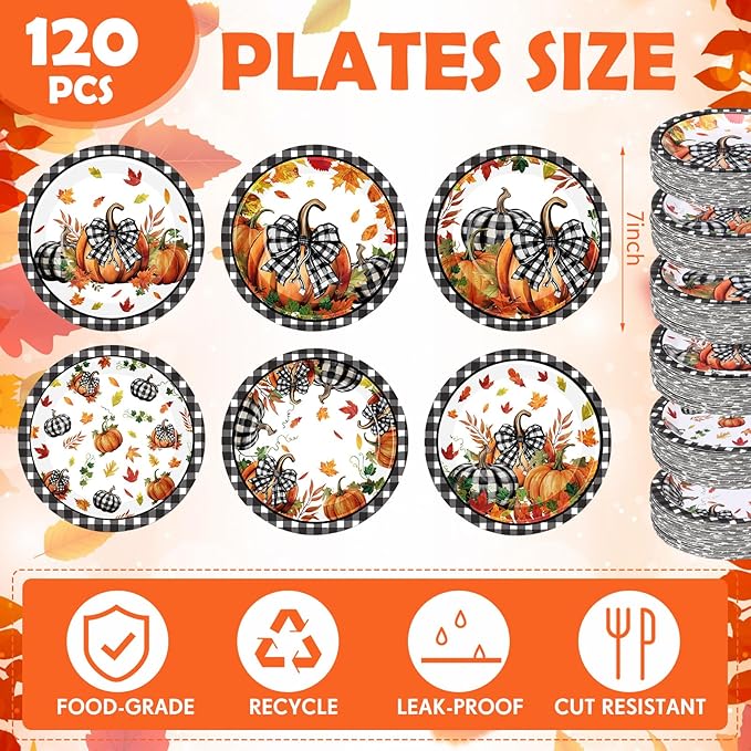60 Pcs 7 Inch Fall Pumpkin Paper Plates Thanksgiving Black Buffalo Plaid Plates Decorations Orange Pumpkin Leaves Tableware for Thanksgiving Autumn Harvest Birthday Farmhouse Party Supplies