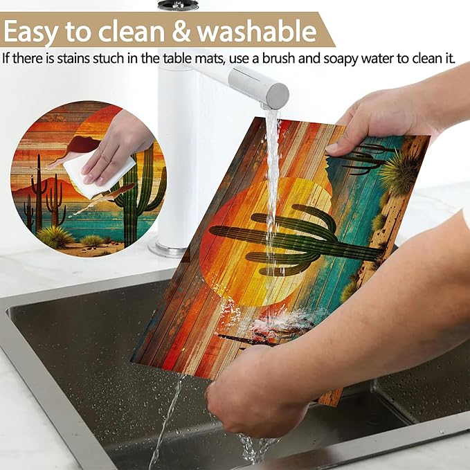 Table Placemats Set of 6, Waterproof Linen Fabric, Non-Slip Backing & Easy Clean, Elegant Dining Table Protectors for Family and Guests (Boho Cactus)