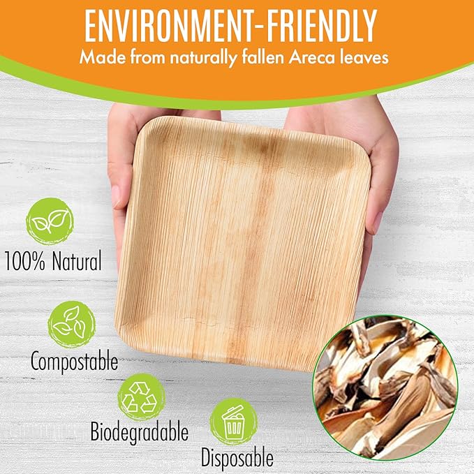 Raj Palm Leaf Plates [50-Pack] 8" Square Plates(8 CASES - 400 PACK) like Bamboo plates Disposable, Strong, Decorative Compostable Tableware for weddings, Lunch, Dinner, Birthday, Camping