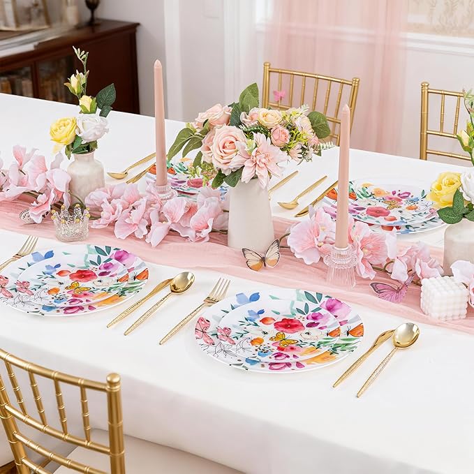 DaYammi 20Pcs Plastic Plates with Watercolor Floral-Disposable Plates Heavy duty Watercolor Floral & Butterfly Plastic Plate 10.25in Dinner plates and 7.5in Dessert plates for Valentine's Day Party