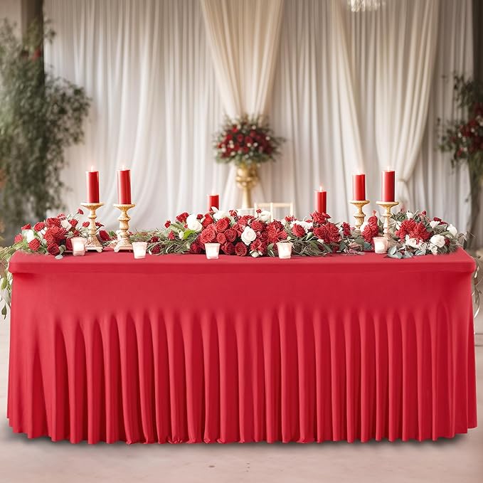 Wish Care 2 Pack Red Spandex Table Clothes for 8 Foot Rectangle Tables, 8FT Wrinkle Free Fitted Tablecloths Ruffles Design Stretch Table Cover for Party, Banquet, Wedding and Events