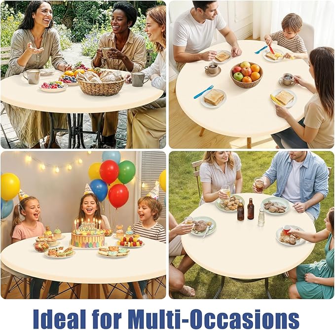 Round Spandex Tablecloth 2 Pack, Elastic Fitted Waterproof Tablecloths for 45"-56" Tables, Stretch Washable Picnic Table Cover for Camping, Dining, Indoor and Outdoor, Beige