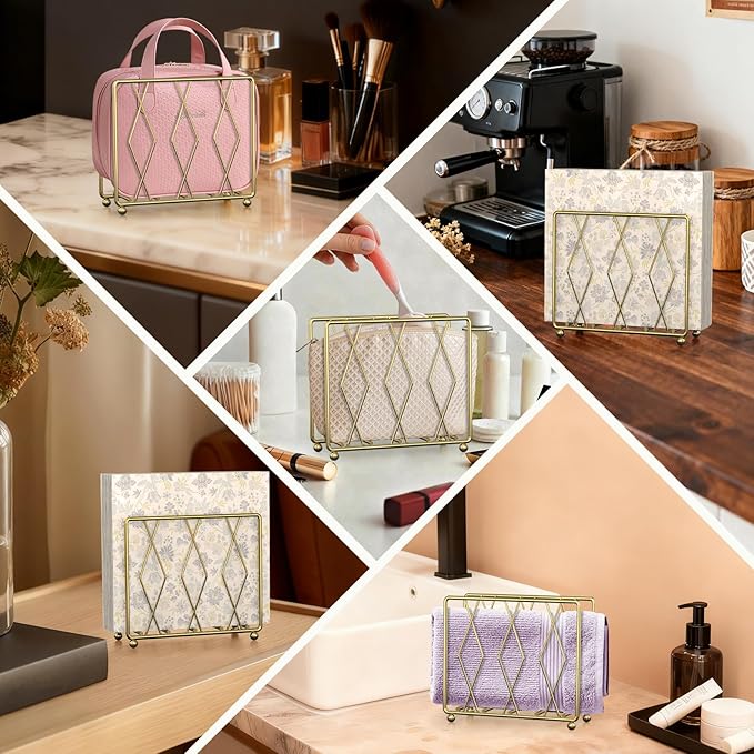 Napkin Holder for Table, 2 Pack Modern Metal Napkin Holders for Paper Napkins & Kitchen Dining & Countertops, Cocktail Upright Napkin Holder Dispenser Suitable for All Room Decors (Gold)