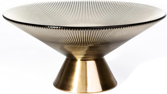 Tapered Glass Decorative Bowl (Coffee Brown), 9.8 Inches Handblown Striped Design Fruit Bowl with Rust-Resistant Metal Base for Home Decor, Table Centerpiece, Kitchen Island and Dining Decor