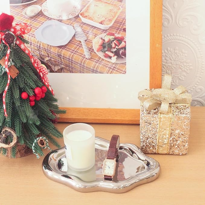 Ceramic Jewelry Tray Trinket Dish, Decorative Cloud Vanity Key Tray for Women, Ring Holder Dish, Cute Jewelry Plate Bowl Room Decor Aesthetic, Silver, Medium