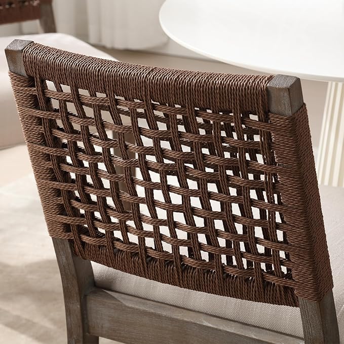 Farmhouse Dining Chairs Set of 2 Linen Fabric Upholstered Accent Side Chair, Mid Century Modern Kitchen & Dining Room Chairs with Woven Rope Back for Home, Living Room, Bedroom - Beige