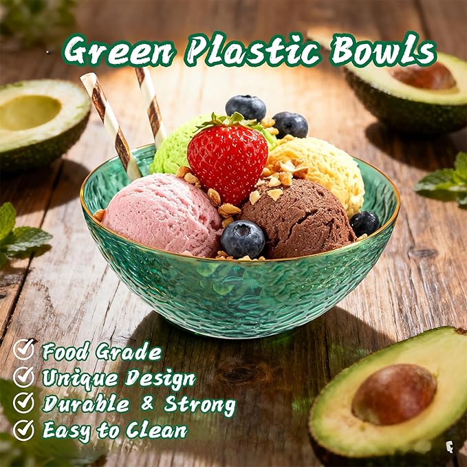 I00000 50 Pack 12 Ounce Clear Green Plastic Bowls Serving Bowls Hammered with Gold Rimmed, Heavy Duty Disposable Bowl Set,Small Bowls for St. Patrick's Day