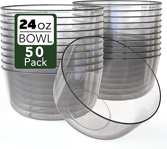 Trendables Plastic Bowls Disposable Bowls 24 Oz Bowl Set Of 50 Clear Black Rimmed Fancy Plastic Serving Dishes Perfect for Parties and Events Disposable Candy Bowl
