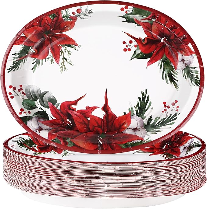 50 Pcs Christmas Oval Plates 10" x 12" Large Disposable 400 GSM Heavy Duty Red Poinsettia Floral Paper Dessert Plates Christmas Birthday Party Decorations for Festive Xmas Theme Dinner Party Supplies
