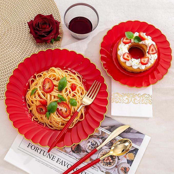 Ciaell 175 PCS Red Scalloped Plastic Plates with Gold Trim - Red Plastic Silverware with Handle - Fancy High-End Dinnerware Sets for Wedding & Valentine's Day & Party