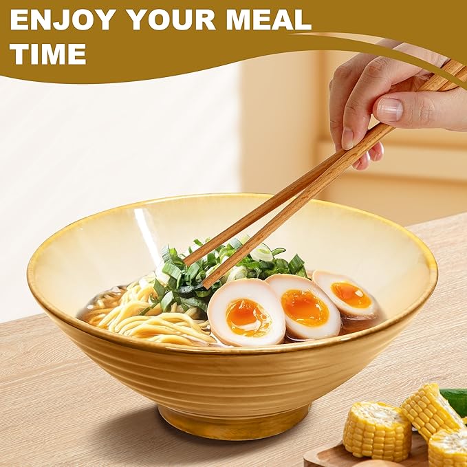 9.4-Inch 4 Sets Ceramic Ramen Bowl (16 Piece) - Japanese Porcelain Dishwasher Microwave Safe Salad Noodles Cereal Pasta Soup Large Bowls with Chopsticks Forks Spoons for Men Women Housewarming Gift