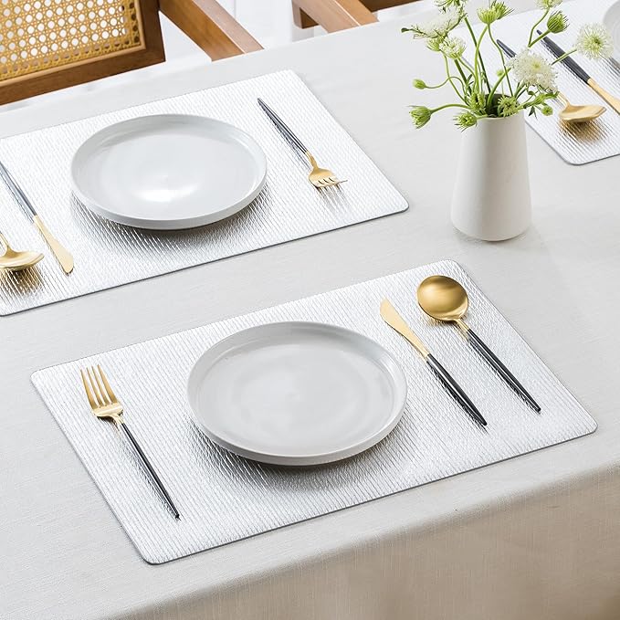 Jovono Faux Leather Placemats Set of 4, Waterproof Washable Table Mats, Easy-Clean Heat Resistant Kitchen Vinyl Place Mat for Dining Table, Wedding, Holidays, Indoor, 17.8"x11.8", Silver