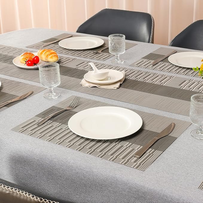 Placemats Set of 8, Vinyl Woven Place Mats Indoor Set of 8 Washable Wipeable PVC Table Mats Heat-Resistant Non Slip Placemat for Kitchen Dining Outdoor Table (Gray Dark Gray, Set of 8)