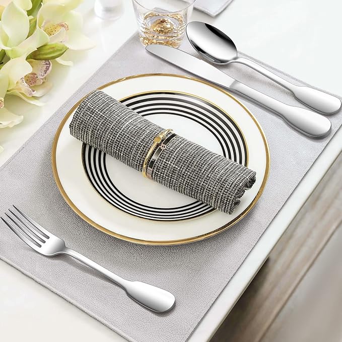 18/10 Silverware Set, E-far 40-Piece Stainless Steel Flatware Cutlery Set Service for 8, Metal Tableware Eating Utensil Sets for Home/Restaurant/Wedding, Elegant & Classic Style - Dishwasher Safe