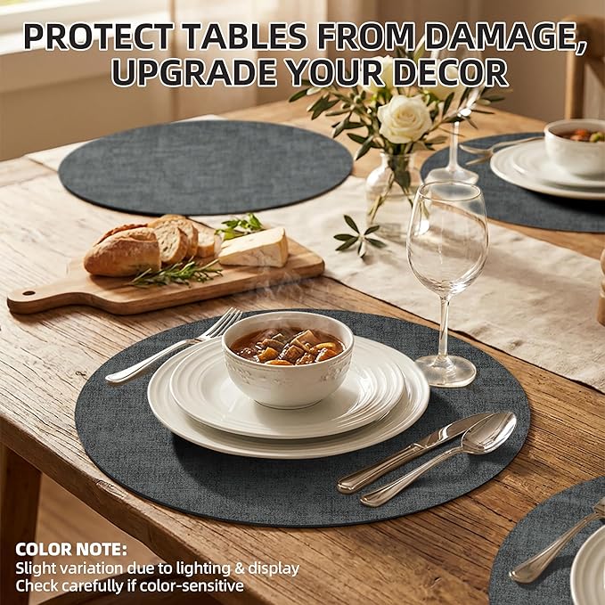 15 inch Faux Leather Round Placemats Set of 4 Non-Slip Washable Wipeable Table Mats, Heat Resistant Waterproof Oilproof Black Place Mats for Kitchen, Dining, Party, Indoor, Outdoor