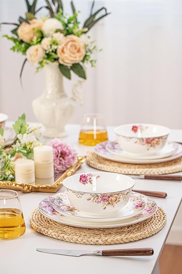 Dinnerware Sets, Plates Set, with Bowls, Artistic 12-Piece Ceramic Dinnerware, for Home Restaurant, Chip and Scratch Resistant, Microwave and Dishwasher Safe, Rose Collection